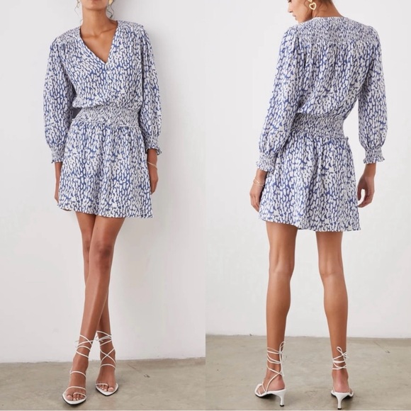 Rails Zana Smocked Long Sleeve Mini Dress Size XS Cobalt Static Leopard Print - Picture 1 of 12
